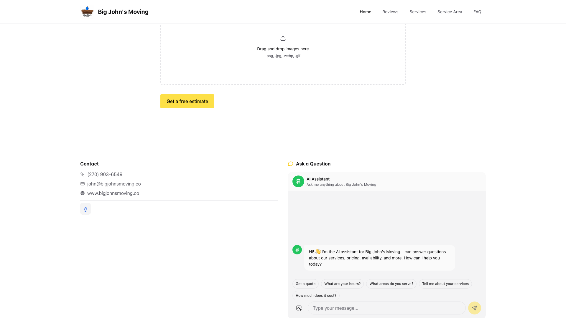 SplashyPages AI assistant on your website with contact info and chatbot in one place