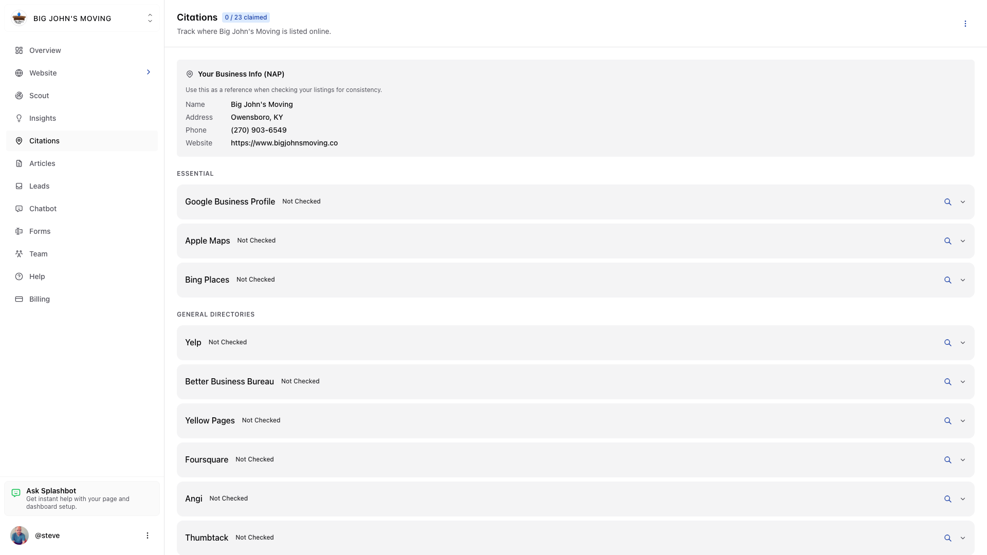 SplashyPages citations tracker for NAP, Google Business Profile, Apple Maps, and directory listings in one dashboard